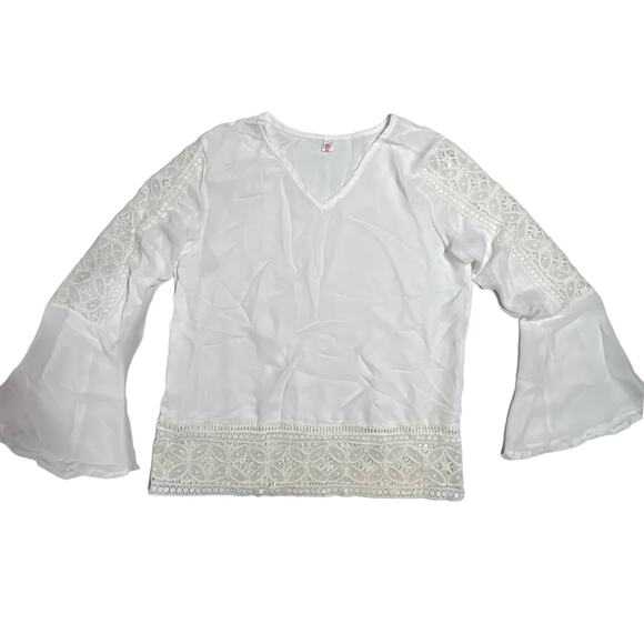 Exquisite Semi-Sheer Tunic Top Lace Bell Sleeves V-Neck White - Picture 3 of 13